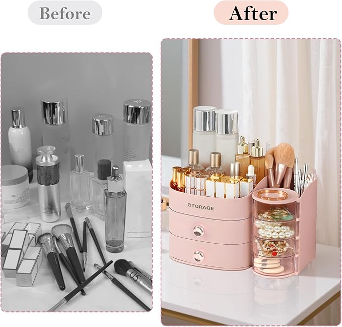 Makeup Organizer Countertop with Drawers, Make up Organizers for Vanity, Skincare Jewelry Earring Organizers, Cosmetic Display Cases Makeup Storage for Bedroom & Bathroom, Ideal Gifts for Women(Pink)