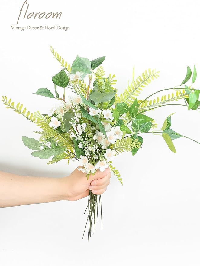 Floroom Artificial Greenery Stems Box Set, 35pcs with 5 Kinds of Faux Greenery Flowers Picks for DIY Bridal Bouquets Wedding Floral Arrangement Table Centerpieces, Light Green & White