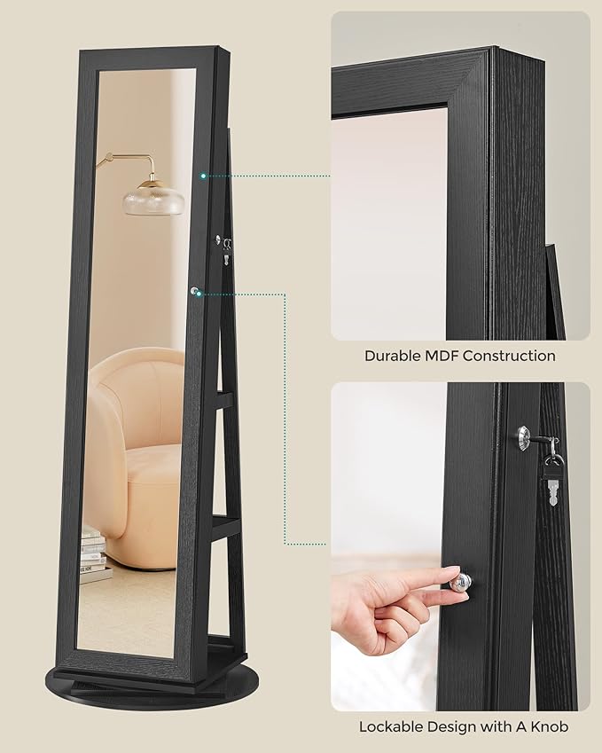 SONGMICS 360° Swivel Jewelry Cabinet, Lockable Jewelry Organizer with Full-Length Mirror, Rear Storage Shelves, Interior Mirror, Jewelry Armoire, Gift Idea, Black UJJC006B01