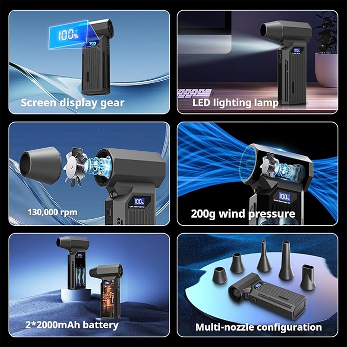 Compressed Air Duster-110000RPM Super Power Electric Air Duster, 3-Speed Adjustable Rechargeable Cordless Air Blower with Fast Charging for PC Keyboard Cleaning, Car, Home,Outdoor,5 Nozzle