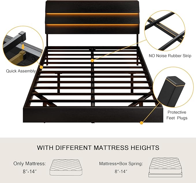 Floating Bed Frame Queen Size with Led Headboard and Charging Station, Metal Platform Bed Base with Storage, Remote Control, Heavy Slats Support, No Box Spring Needed, Noise Free, Black