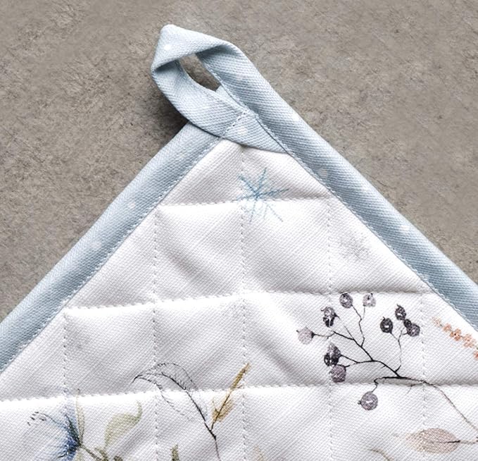 Maison d' Hermine 100% Cotton Oven Mitt & Pot Holder Set (7.5"x13" & 8"x8") Heat Resistant BBQ Cooking Gloves with Loop for Thanksgiving Christmas Decorations Handling Hot Pans (Ice Florals)