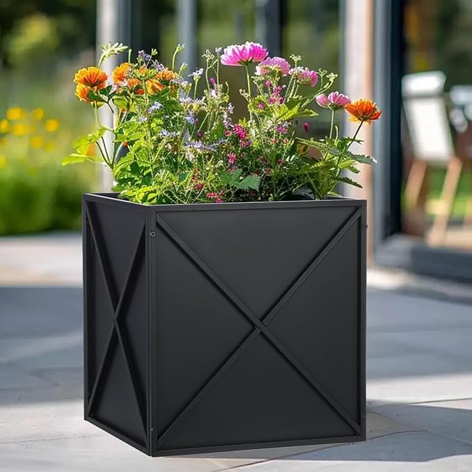 SUNNYPARK Large Metal Planter Box 17”x 17”x 18”, Square Modern Black Metal Planter Box Heavy Duty with Drainage Holes for Outdoor Garden Patio