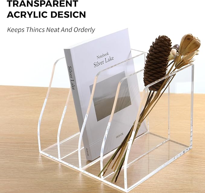 Acrylic Magazine File Holder, 4 Vertical Compartments Desk Document Sorter Organizer, Clear Folder Rack Binder for Office/Home/Classroom, for Documents, Tablet, Magazines, Books & Accessories