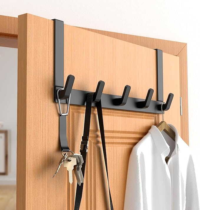 Over The Door Hooks Hanger, Heavy Duty Rack for Winter Coat, Fits 1 3/4" Doors, L7U - Bathroom Accessories and Towel Organizer Holder - Black