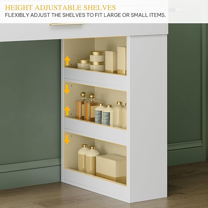 DWVO Makeup Vanity Desk with Mirror & Lights, 40inch Vanity Table with Power Outlets, 4 Drawers & 6 Open Storage Shelves, 3 Color Modes & Adjustable Brightness Dressing Table for Bedroom, White
