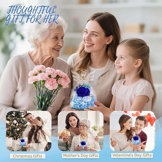 Flowers for Delivery, Christmas Decor Birthday Gifts for Mom Grandma Women, Preserved Rose Forever Flower in Glass Angel Figurines Real Fresh Bouquet for Wife Sister Her from Daughter