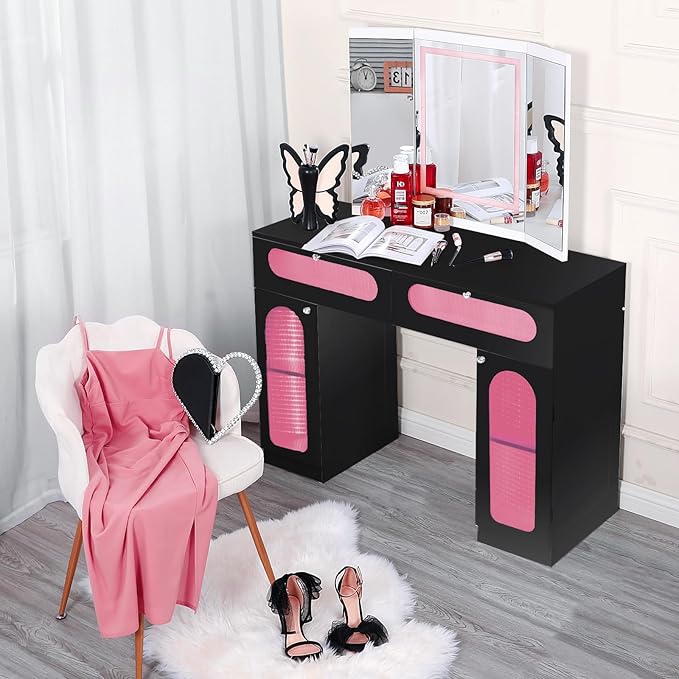 Vanity Desk with Tri-Fold Mirror and Lights, LED Makeup Vanity with 2 Drawers, 2 Doors Storage, Gifts for Girls/Women (Black)