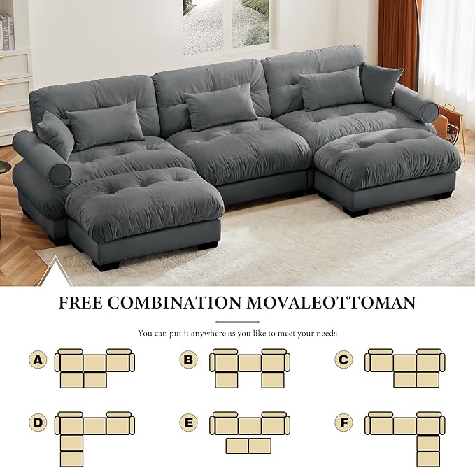 130" Grey Modular Sectional Sofa, 3 Seater Large Sectional Couches for Living Room, Velvet Fabric Oversized Fluffy Cloud Couch with Ottoman, Deep Seat Home Sofas Set, Sofá Moderno, U Shaped