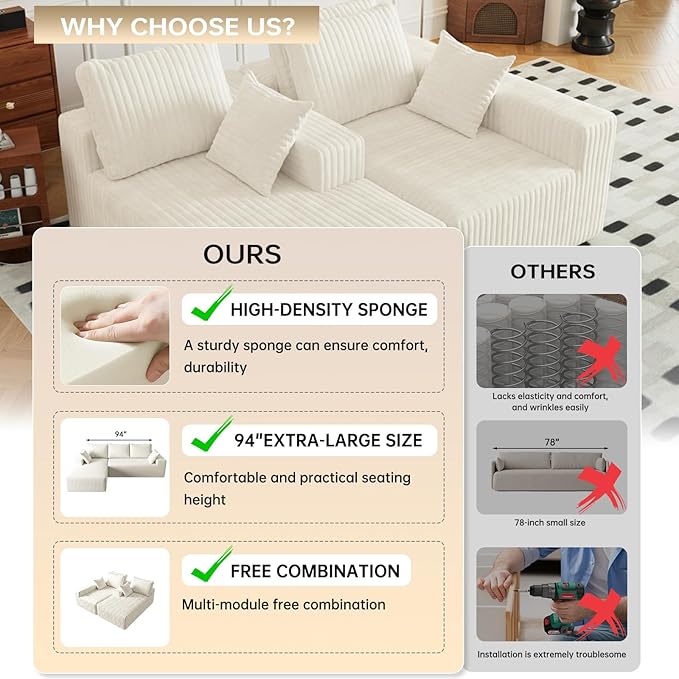 94" Cloud Sectional Couch with L-Shape Chaise,4 Seat Modern Modular Sofa with Side Pockets,Upholstered Couches for Living Room Bedroom, Boneless Couch,No Assembly Required