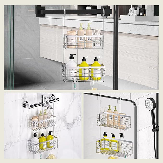 DELLAN Hanging Shower Organizer, 2-Tier Shower Rack with Hooks Over the Door, Bathroom Shower Caddy and Basket