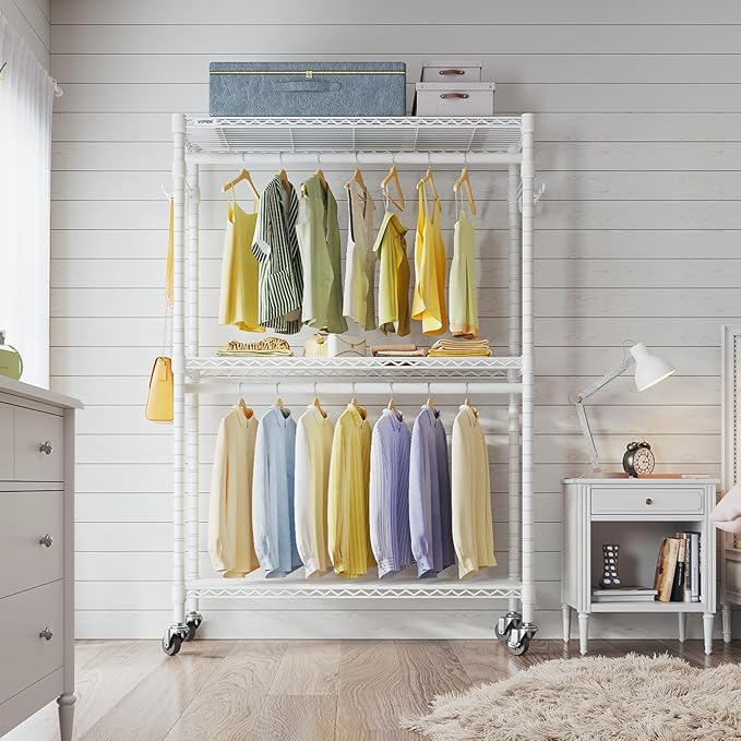 VIPEK R2 Plus Rolling Garment Rack 3 Tiers Adjustable Wire Shelving Clothes Racks with Wheels, Freestanding Wardrobe Storage Rack Heavy Duty Metal Clothing Racks for Hanging Clothes, White