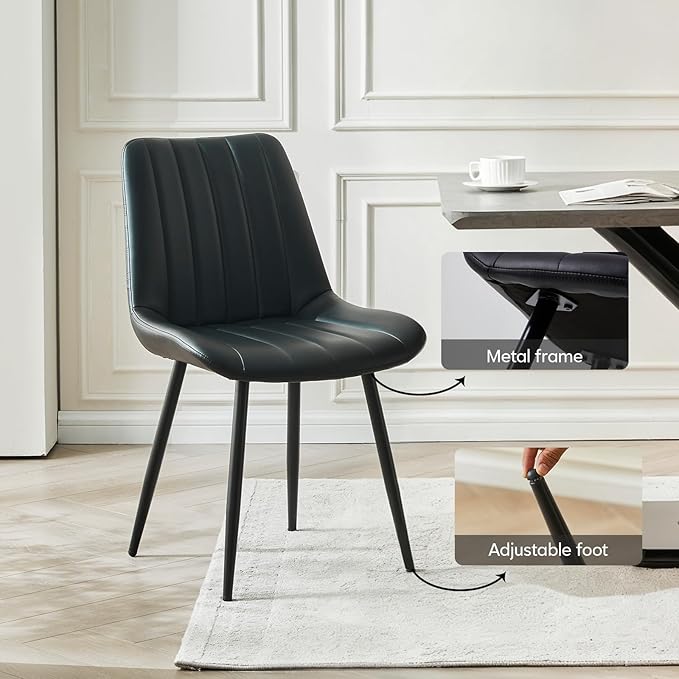 Dining Chairs Set of 4, Faux Leather Modern Linear Design Dining Chair with Metal Legs, 16.9" Seat Width Chair for Kitchen, Lounge, Reception Room, Restaurant, Commercial (Black)