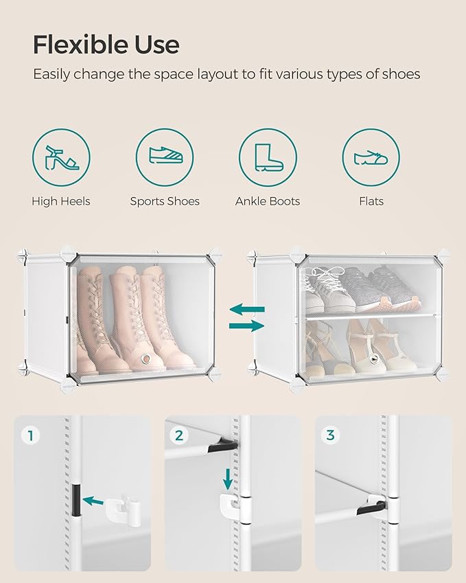 SONGMICS Shoe Rack Organizer, 4-Tier Shoe Storage Cabinet for Closet and Entryway, Holds 16 Pairs of Shoes, Adjustable, Cloud White and Trasparent ULPC032W01