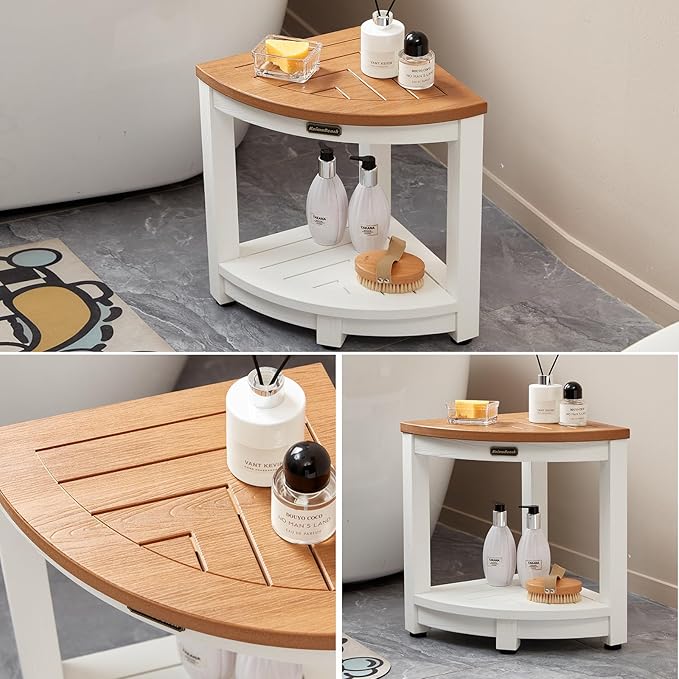HDPS Corner Shower Stool for Shaving Leg, Waterproof Shower Bench Seat for Inside Shower, Poly Lumber Plastic Bath Shower Chair Seat, White+Brown, Weight Capacity 500LBS