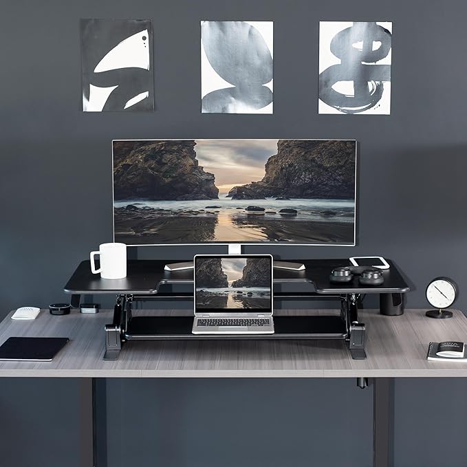 VIVO 48 inch Height Adjustable Large Stand Up Desk Converter, V Series, Quick Sit to Stand Tabletop Dual Monitor Riser Workstation, Black, DESK-V048V