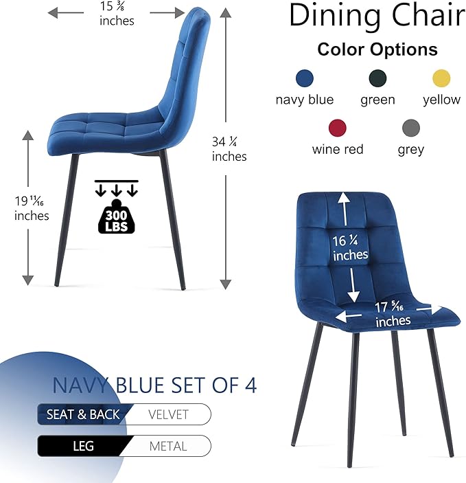 Upholstered Dining Chair Set of 4,Mid-Century Home Desk Tufted Pattern Design Side Velvet Elegant Kitchen with Sturdy Metal Legs for Home,Office, Navy Blue, Upholstered Velvet Chair
