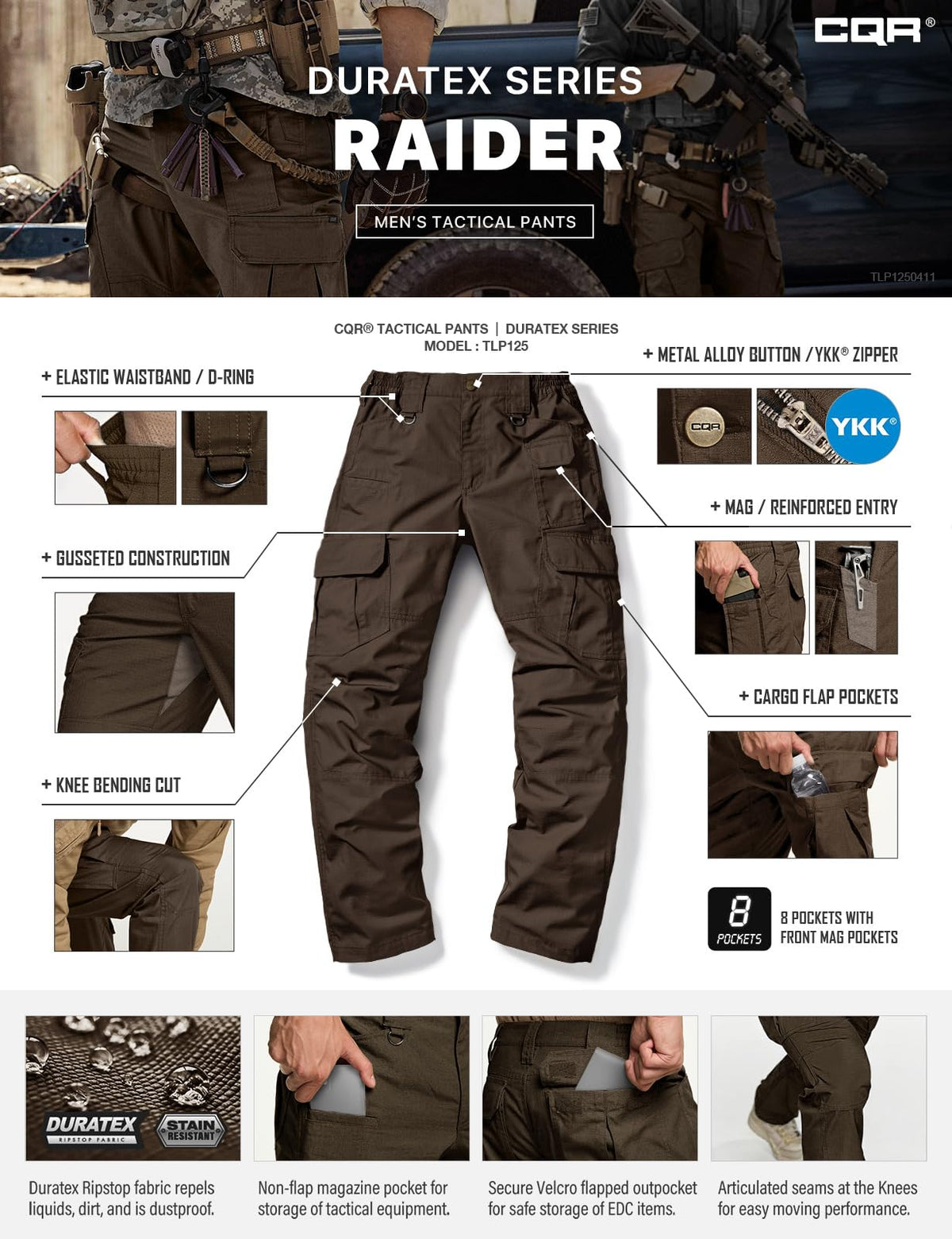 CQR Men's Tactical Pants, Water Resistant Ripstop Cargo Pants, Lightweight EDC Work Hiking Pants, Outdoor Apparel, Duratex Mag Pocket Dark Brown, 40W x 32L