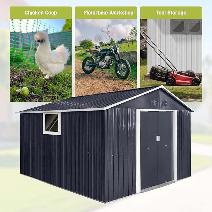 11.2' x 10.6' XL Outdoor Storage Shed, Sturdy Metal Building w/Windows & Lockable Doors for Garden, Backyard, Poolside and Lawn, Anthracite