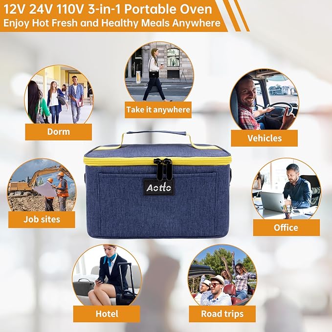 Aotto Portable Electric Lunch Box Food Heater, 12V/24V/110V 3-in-1 Car Food Warmer Heated Lunch Box for Adults, Cook, Reheat & Keep Meals Warm for Car, Truck, Travel, Work, Home - Navy Blue