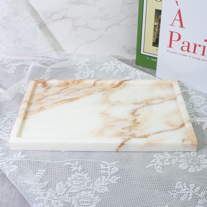 100% Natural Marble Serving Tray Luxury Marble Storage Tray for Home Decor Stone Tray for Bathroom/Kitchen/Vanity/Dresser,Plate Holder for Tissues, Candles, Towel
