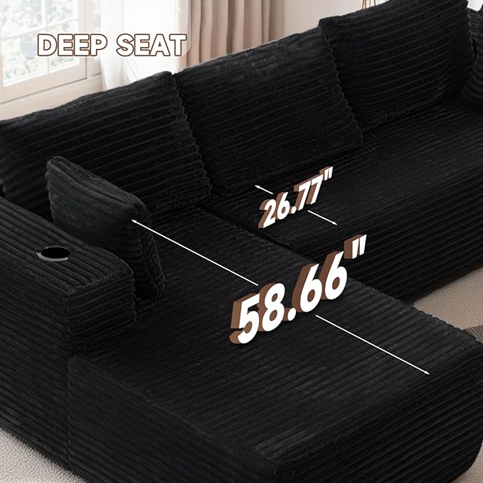 106" Cloud Couch Corduroy Modular Sectional Sofa L-Shape Boneless Couch with Wide Armrests and Cup Holders for Living Room Bedroom, No Assembly Required (Black)