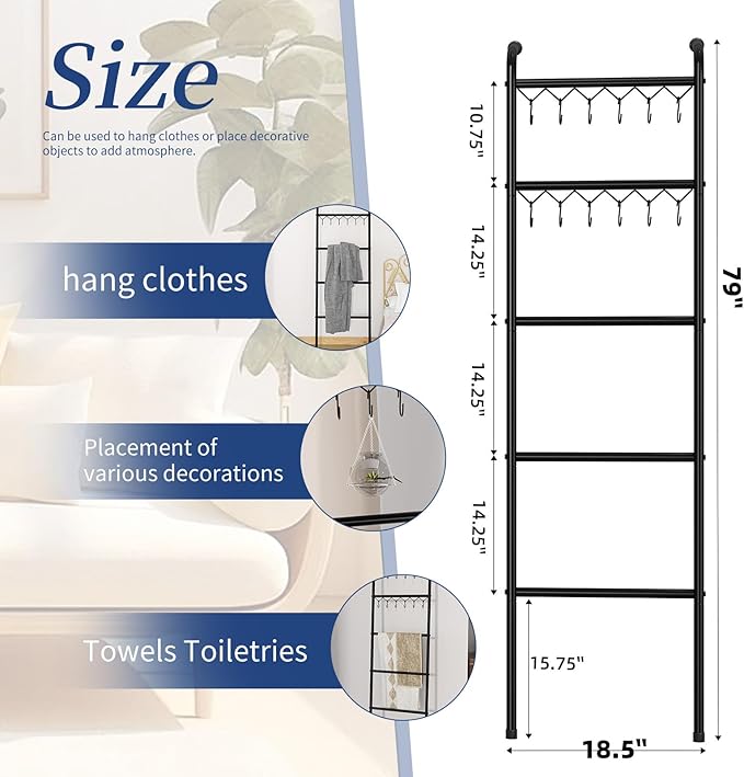 Simple Trending Blanket Ladder,5 Tier Metal Towel Rack with 12 Hooks, 79'' Metal Style Decorative Ladder for The Living Room Bedroom Bathroom Home Decor, Black