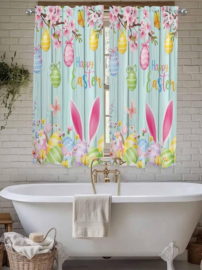 Happy Easter Bedroom Curtains 63 Inches length, Spring Bunny Eggs Flower Teal