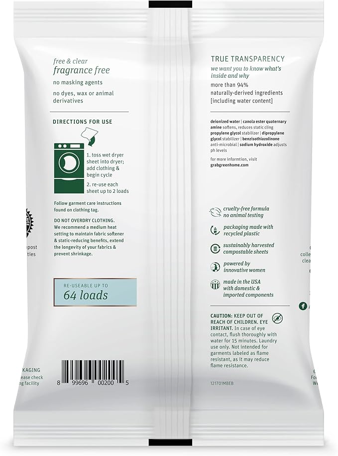 Grab Green Wet Dryer Sheets, 32 Count, Fragrance Free, Plant Based, Softens Fabrics, Reduces Static Cling and Wrinkles
