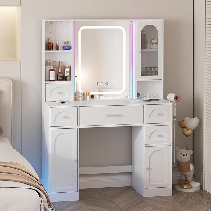 Fameill White Vanity Desk with Mirror,Makeup Vanity with RGB Lights & Power Strip,Makeup Desk Vanity Table with 5 Drawers Lots Storage & Time Display,3 Lighting Modes LED Lighted Mirror,41.3in(L)