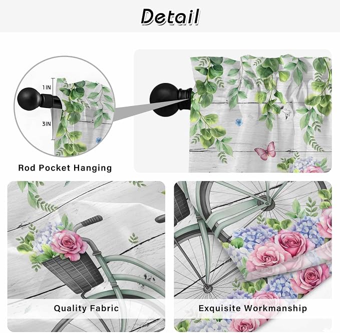 Spring Tier Curtains, Bicycles Botanical Rose Leaves Butterfly Wood Grain Light