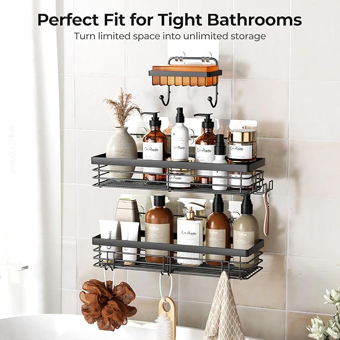 Orimade Adhesive Shower Caddy Soap Dish Holder Shelf with 5 Hooks Bathroom Organizer Basket Kitchen Storage Rack Wall Mounted No Drilling Stainless Steel - 3 Pack, Black