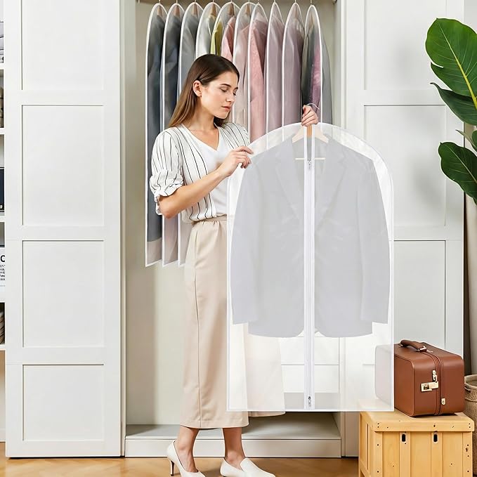 Dntorx 6 Pack Garment Bags 60 * 100cm, 40in PEVA Translucent Garment Covers, Suit Storage Bags, Dress Organizer Bags Used To Protect Shirts, Winter Coats, Jackets(White Edge)