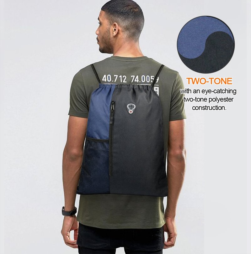 BeeGreen Drawstring Backpack Sports Gym Bag for Women Men Large Cinch Sackpack with 2 Zipper Pockets and Water Bottle Mesh Pockets Black Navy