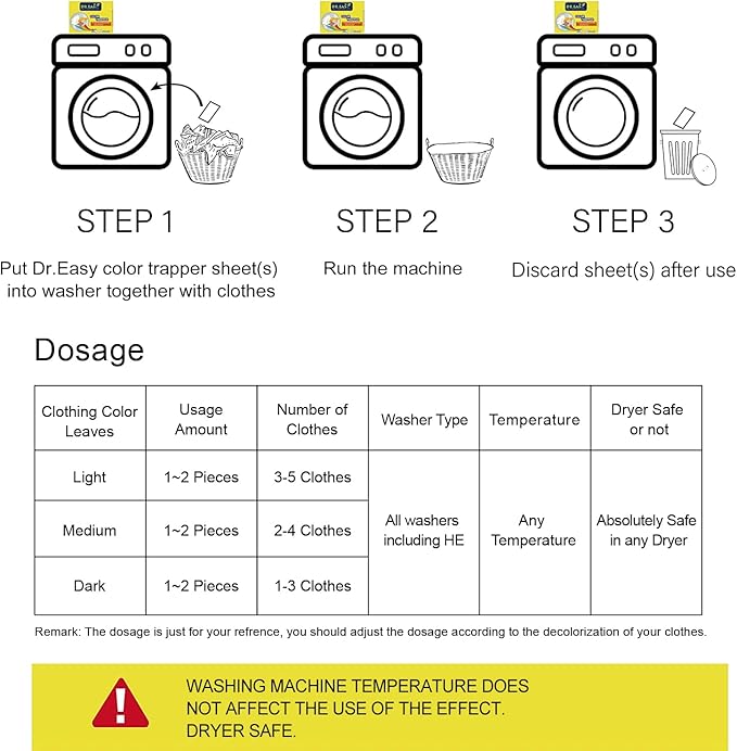 DR.EASY Color Trapper sheets for Laundry 120ct,remove dyes,fluorescent & heavy metals,maintain original color,Special Pores Texture absorb dyes more & faster,unscented,no Chemicals,safe in dryer