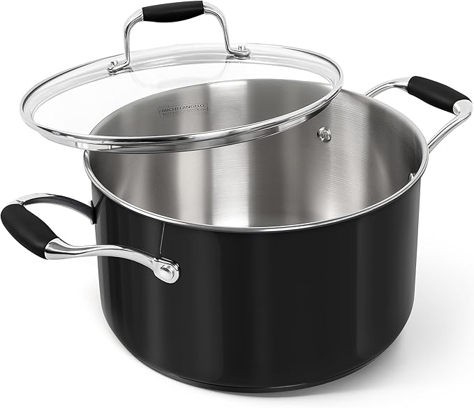 MICHELANGELO Stainless Steel Cooking Pot - 6 Quart Soup Pot with Lid, Non-Toxic Stockpot Induction Compatible, Oven & Dishwasher Safe, Black Exterior