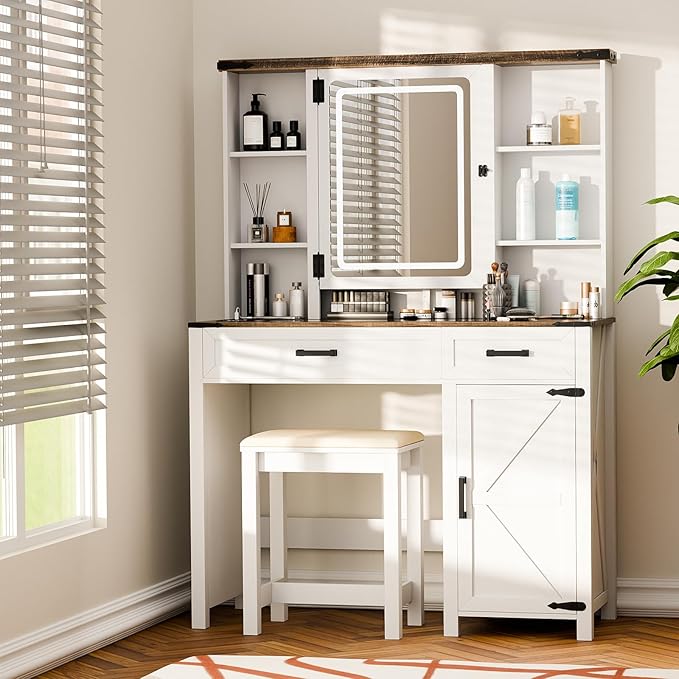 Makeup Vanity, Farmhouse Vanity with Mirror & Generous Clear Glass Countertop, 40'' Intelligent Makeup Desk with Multi-Functional Charging Station & Human Body Sensing LED Lights, White