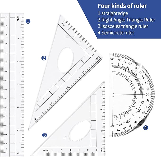 Math Geometry Kit Sets 10 Piece Student Supplies with Shatterproof Storage Box,Includes Rulers,Protractor,Compass,Eraser,Pencil Sharpener,Lead Refills,Pencil,for Drafting(Navy Blue)