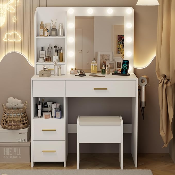 Vanity Desk with LED Lighted Mirror&Power Outlet, 3 Lighting Colors Makeup Vanity Desk with 5 Large Drawers and 3 Storage Shelves, White Vanity with Storage Stool for Bedroom