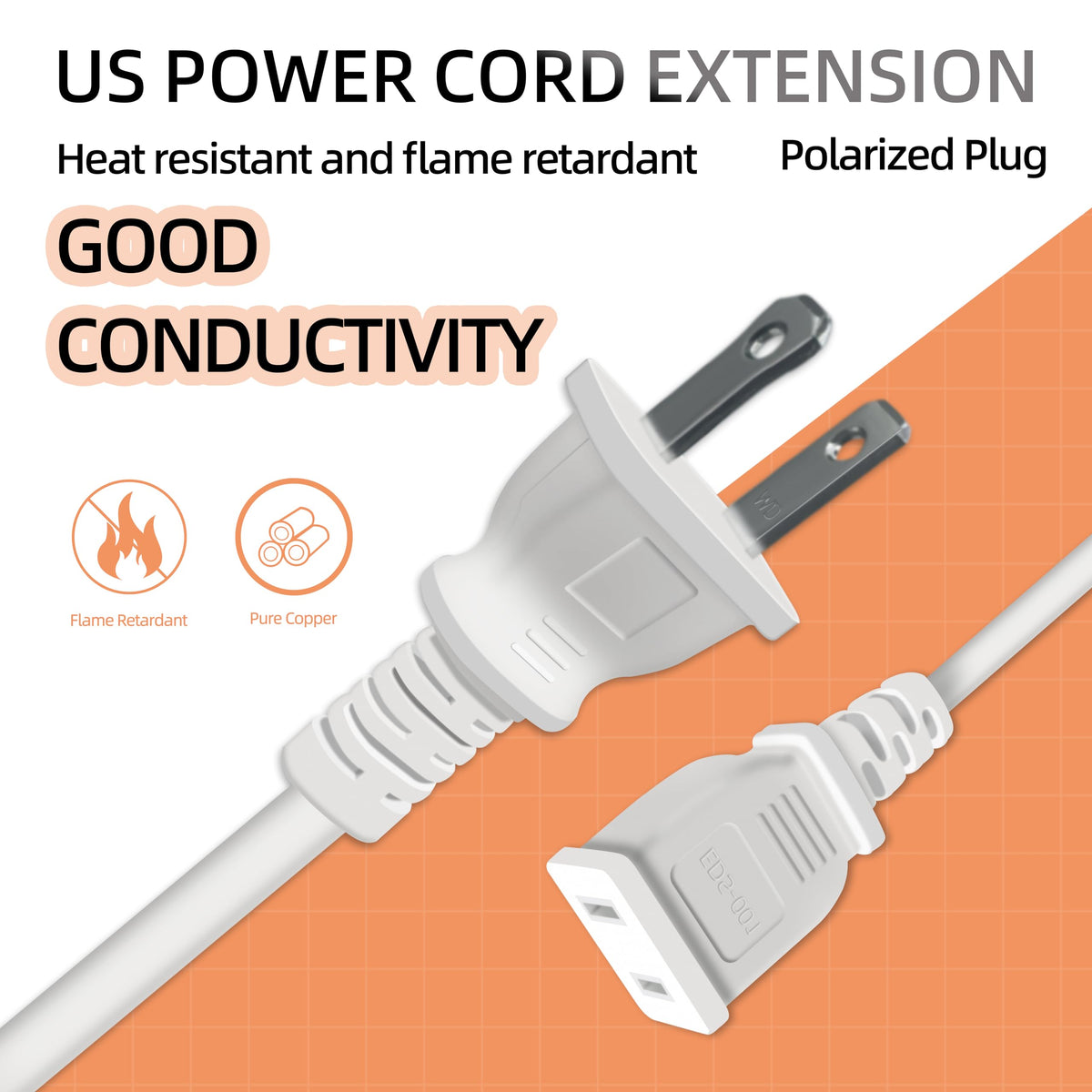 6FT Short Thin Extension Cord Indoor, White, 2 Prong, 5A 125V 625W (1Pack)