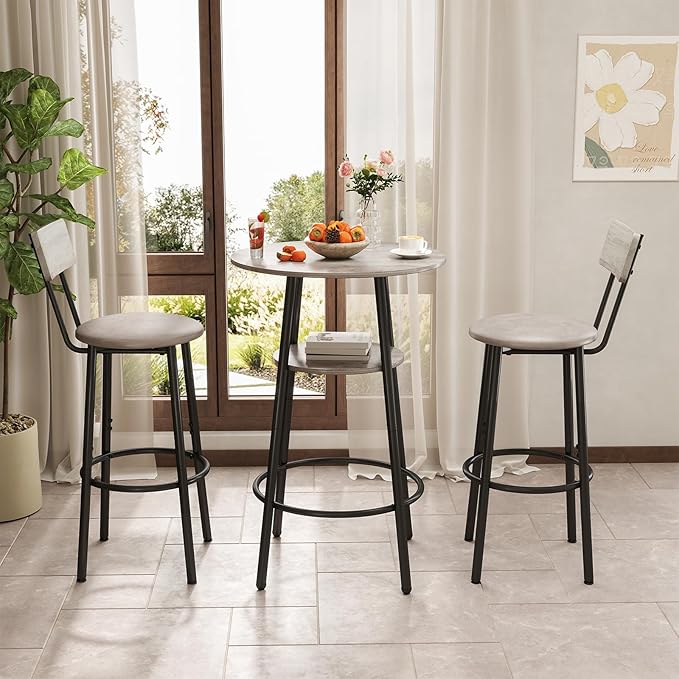 3 Pieces Round Bar Table Set, Small Dining Table for 2, Breakfast Table with Storage, Modern Kitchen Bar Table, 2 Upholstered Stools with Backrest for Kitchen, Dining Room & Bistro-Grey