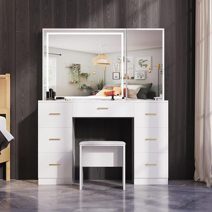Makeup Vanity Desk with Large Mirror and LED Lights,White Vanity with Hidden Storage Mirror Cabinet&7 Drawers,Vanity with Chair,Makeup Organizer Countertop for Room (White)