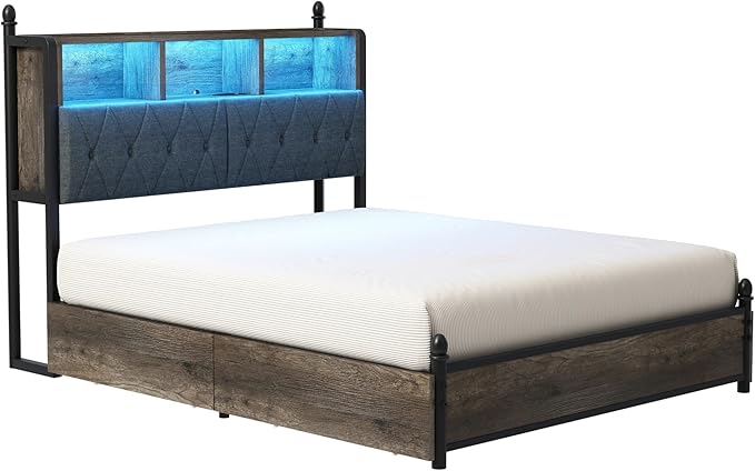 AMERLIFE Full Size Bed Frame with Bookcase Headboard and 4 Storage Drawers, Wooden Platform Bed with Charging Station and LED Light, No Box Spring Needed/Noise-Free, Gray