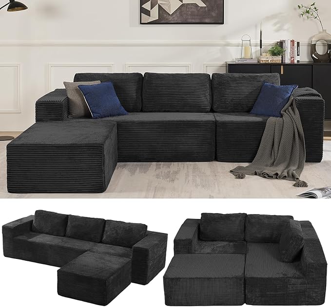 106" 3-Seater Sofa, Cloud Modular Sofa with Certified Foam, Upholstered Floor Sofa with Deep Seat, Upholstered Sofa for Bedroom Living Room, No Assembly Required (Plush Corduroy Fabric, Black)