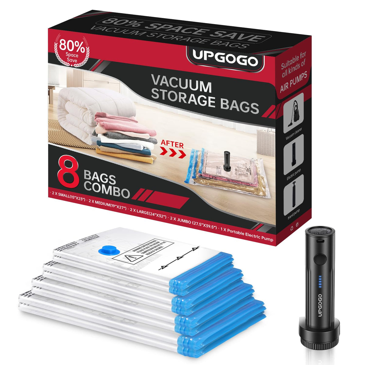 UPGOGO Vacuum Storage Bags with Portable Electric Pump,Vacuum Seal Bags for Clothing,Space Saver Bags,Vacuum Travel Bags for Luggage(Combo 10 Pack)