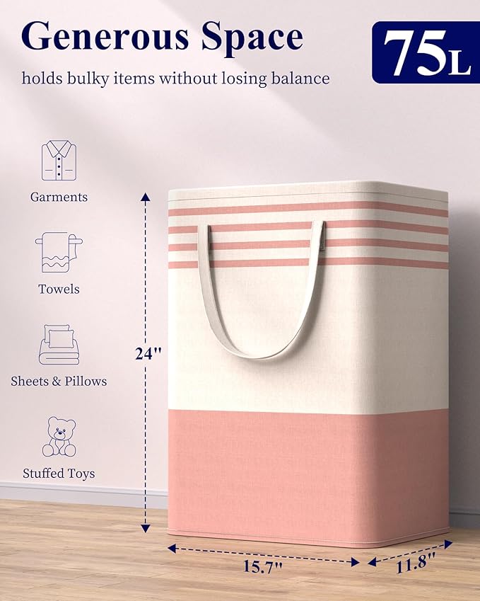 Kitsure Laundry Hamper - 2-Pack Collapsible Laundry Baskets with Well-Stitched Handles, Free-Standing Clothes Hamper with Rigid Top Edge for Household, Dorm Use, 2 x 75L, Pink