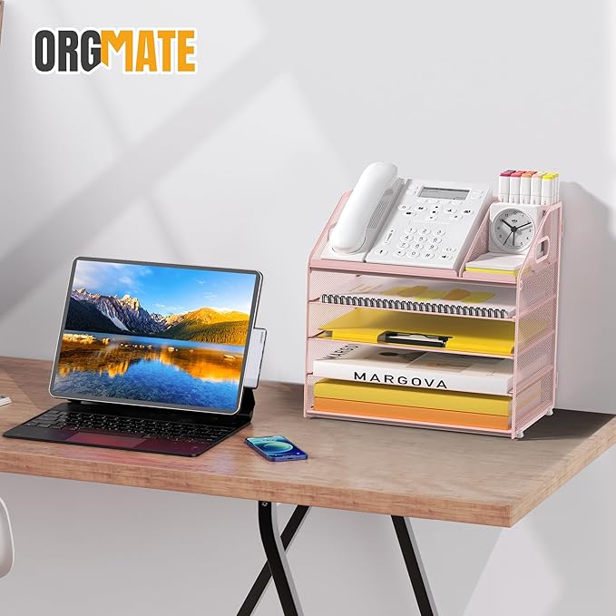 Letter Tray Paper, 5 Tier Desk Organizer with Pen Holder and Handle, Mesh File Organizer Paper Sorter Metal Desktop Document Shelf for Office Home Classroom - Pink