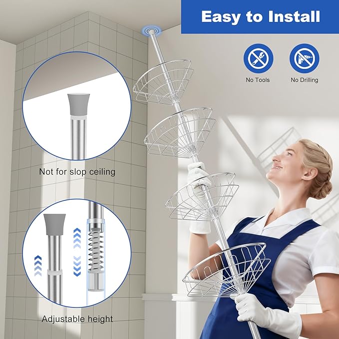 Corner Shower Caddy Tension Pole: Aluminum Shower Caddy Rod with Stainless Steel 4 Adjustable Rustproof Shelves Organizer for Bathroom, 47-121 inch, No Drilling, Quick Installation, Heavy Duty