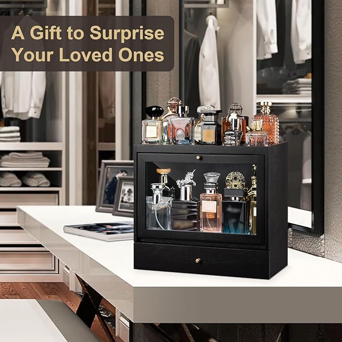 Cologne Organizer for Men, Solid Wood Perfumes Organizer for Men Dresser, Large Capacity Dustproof Cologne Holder with Drawer Storage Perfume Stand Organizer, Ideal Gift for Loved ones