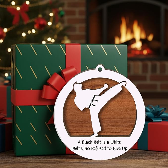 Karate Christmas Ornament 2025 - Black Belt 2 Layer Wooden Christmas Ornament - Karate Gifts for Men Woman - Martial Arts Gifts for Boys, Girls, Instructor - Martial Arts Christmas Tree Hanging Decor